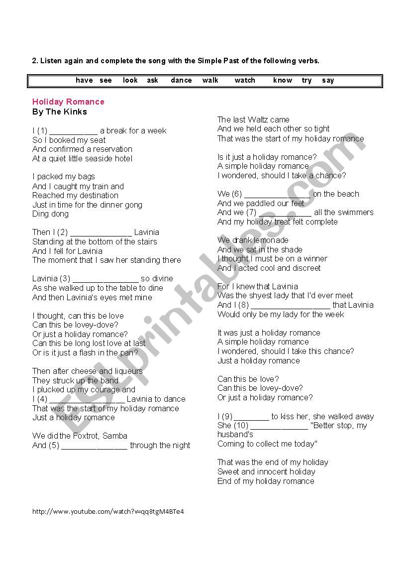 Holiday Romance by The Kinks worksheet