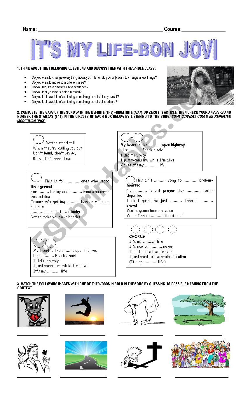 SONG WORKSHEET: ITÂ´S MY LIFE BY BON JOVI