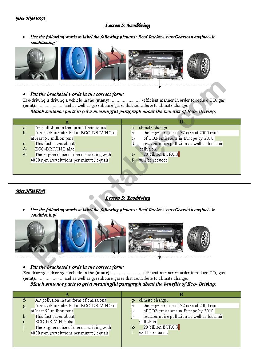 Unit 4, Lesson 5 Ecodriving worksheet