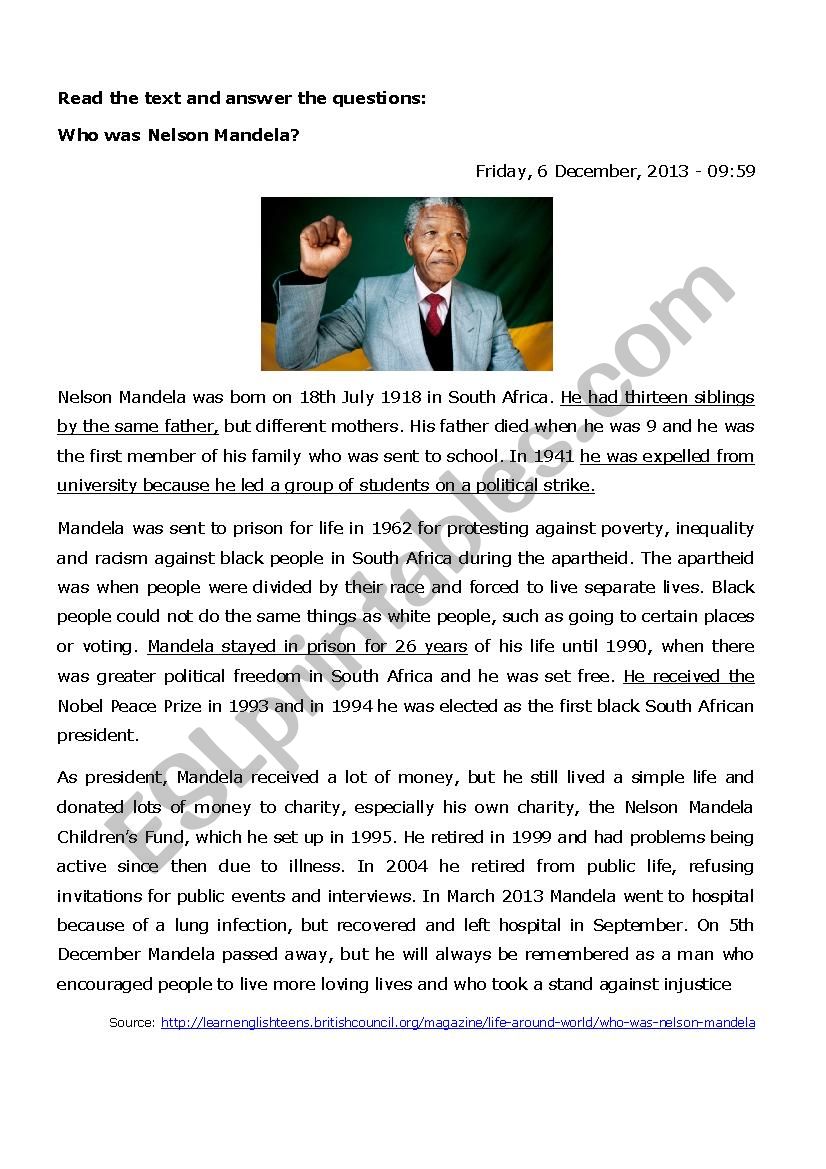 Reading activity - Nelson Mandela