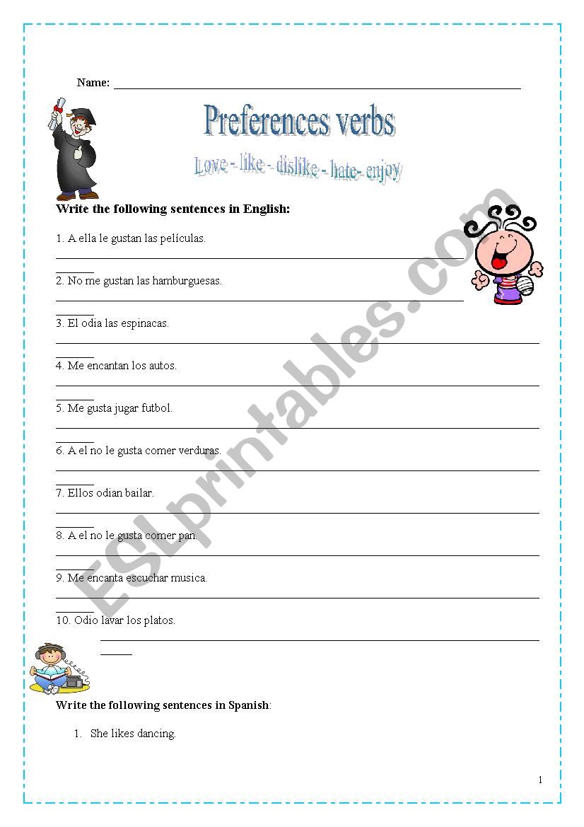 Verbs of preference worksheet