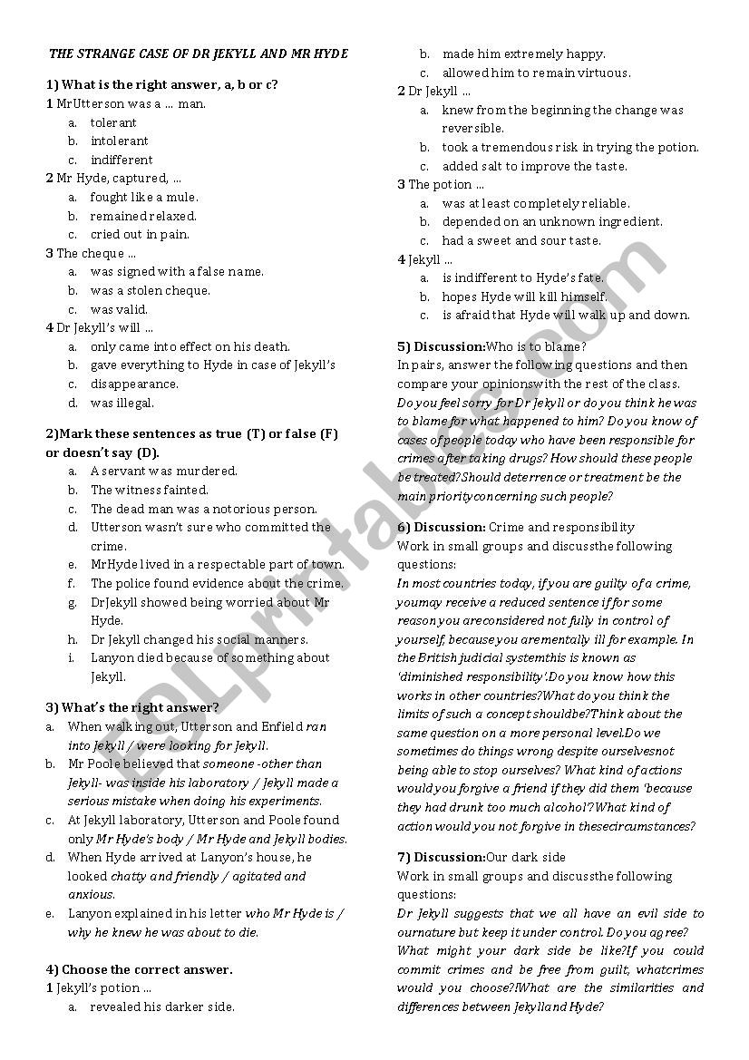 Dr Jekyll and Mr Hyde Worksheet