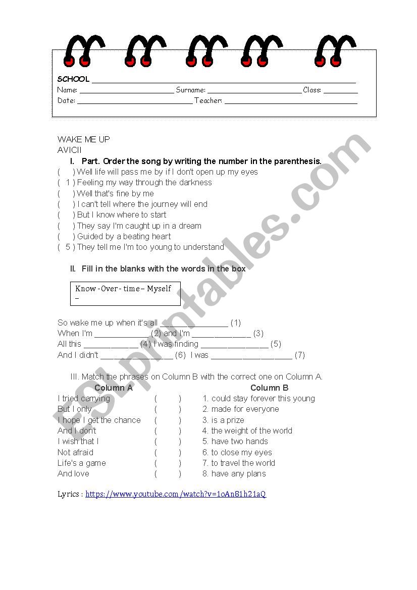 Wake me up Avicii worksheet