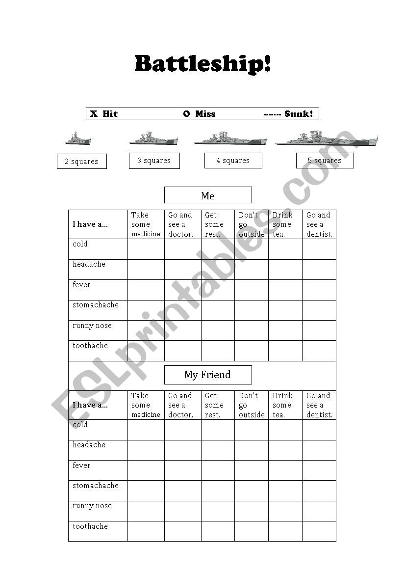 Sickness Battleship worksheet