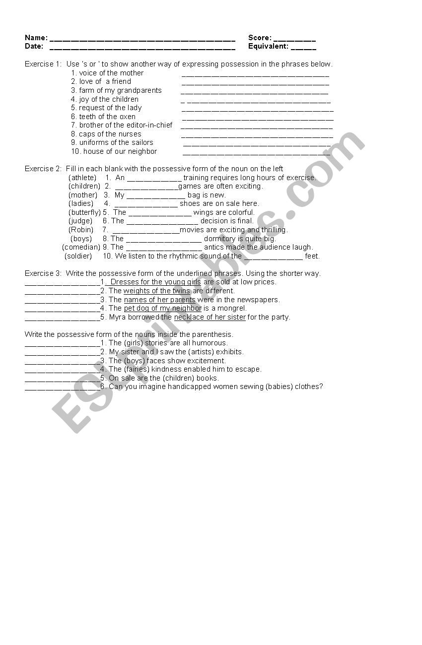 Possessive  Nouns worksheet