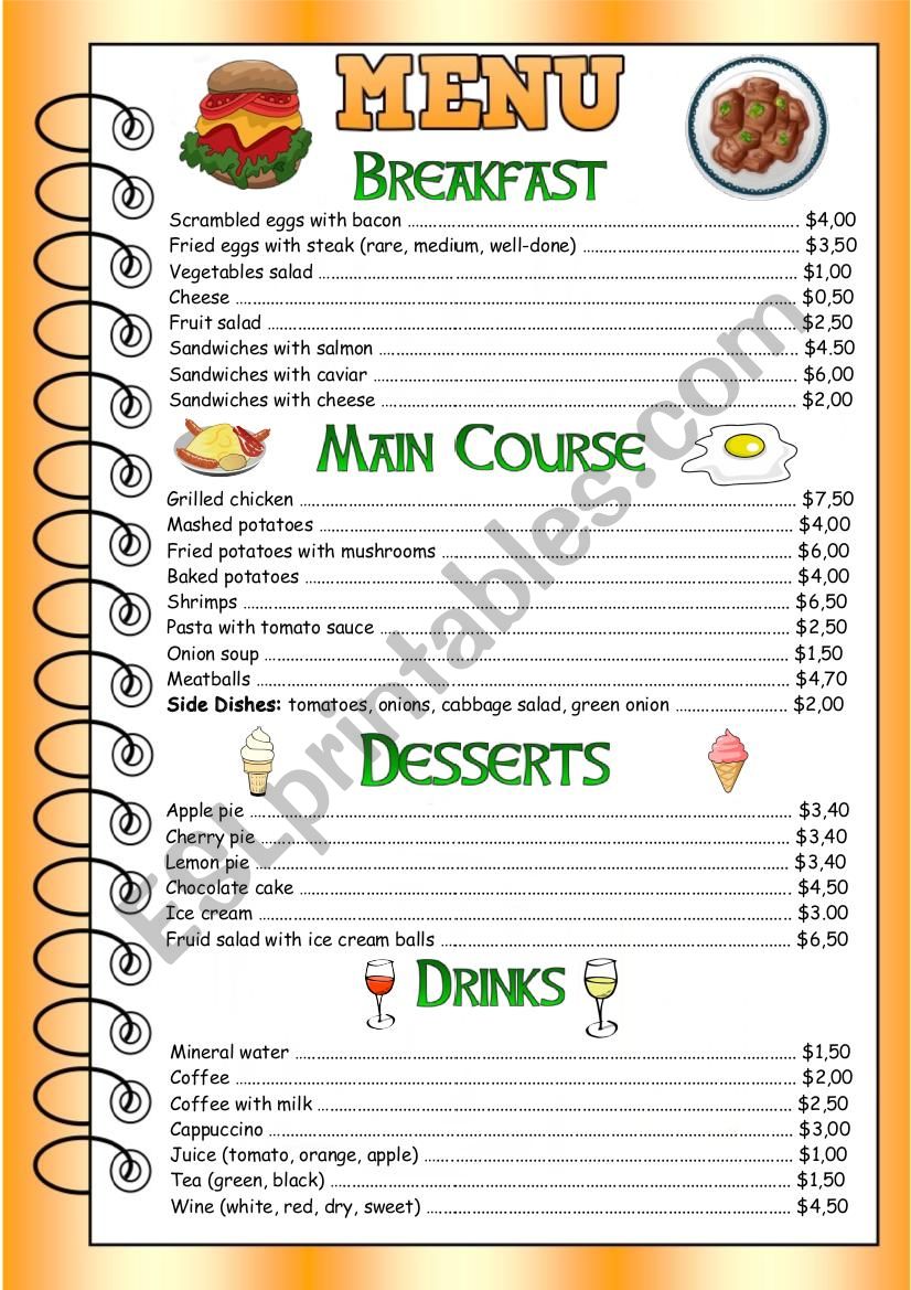 Restaurant Menu for speaking worksheet