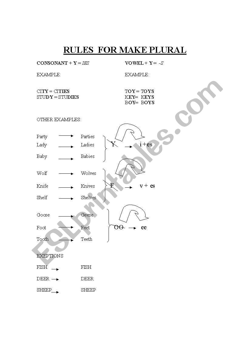 RULES FOR MAKE PLURAL worksheet