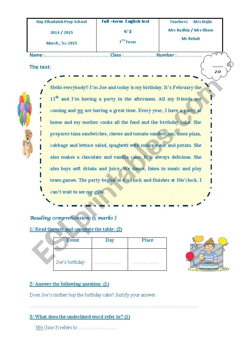 test worksheet