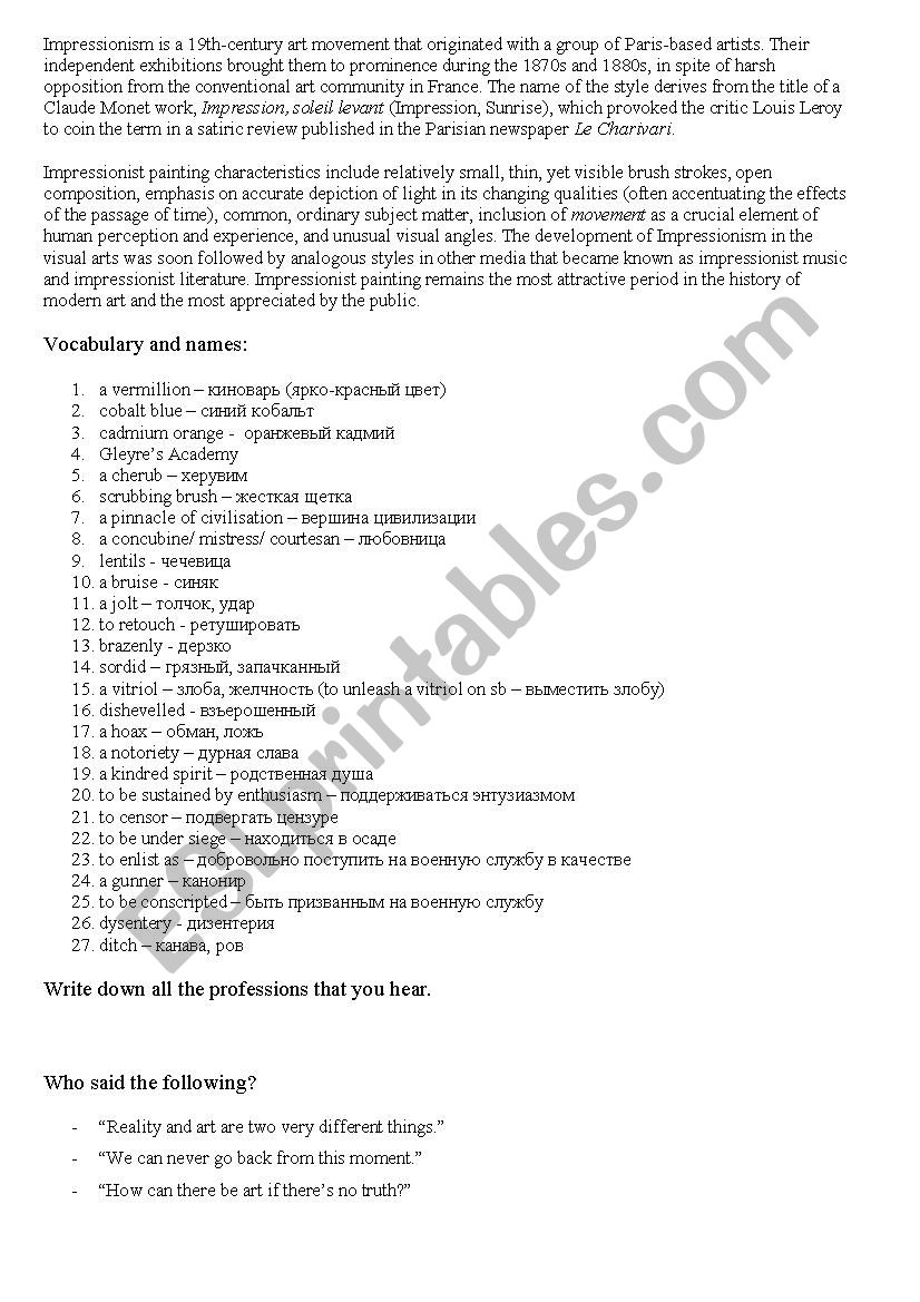 The Impressionists movie worksheet