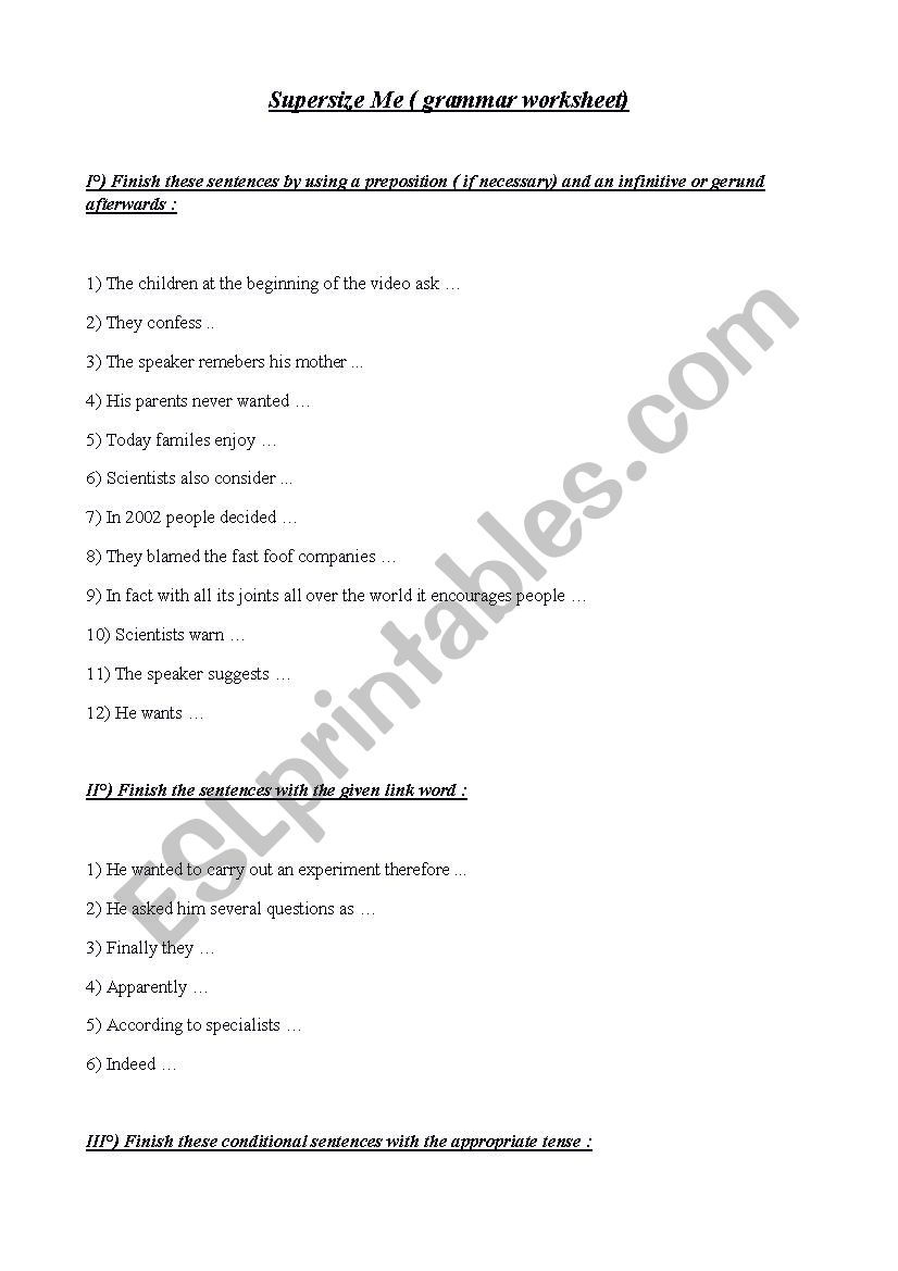 Film: Supersize Me - grammar worksheet