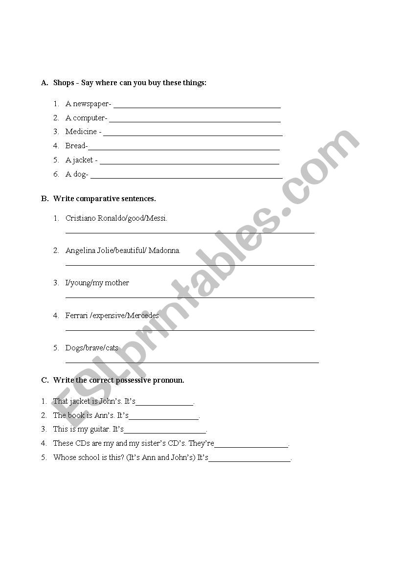Shopping worksheet