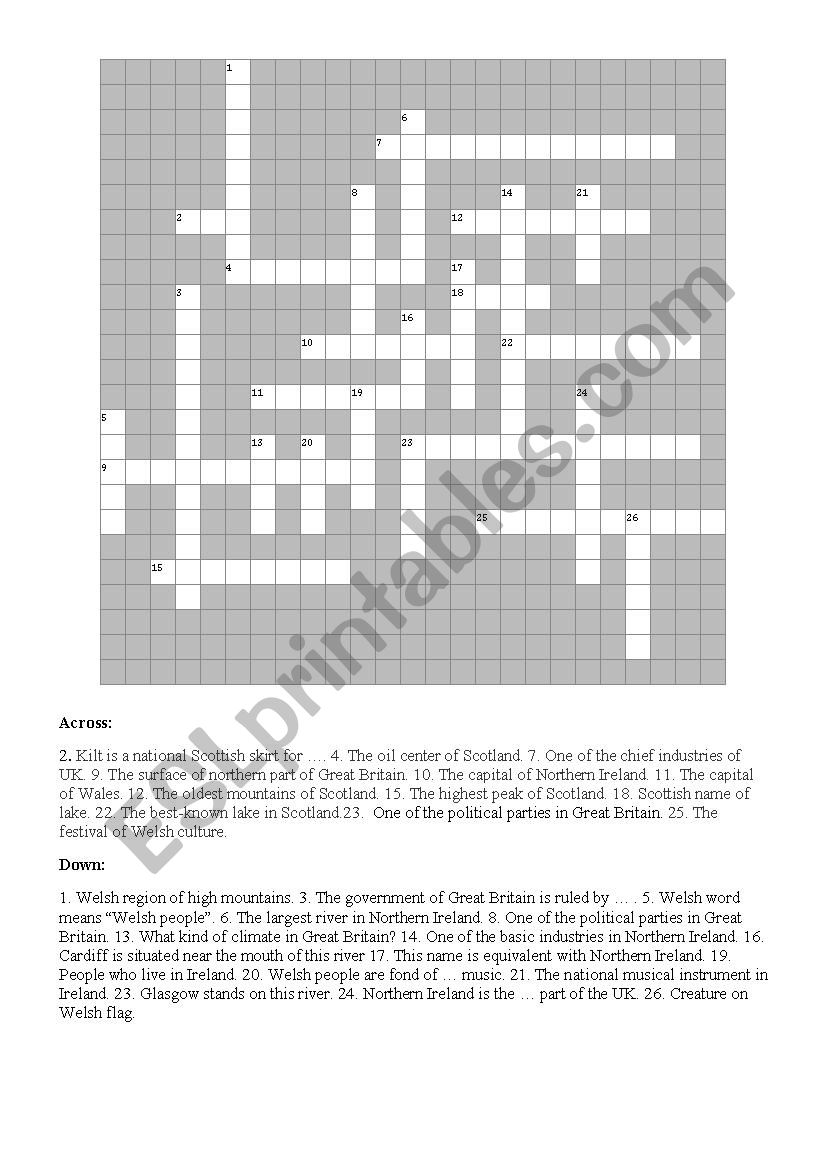 Crossword Great Britain, Scotland, Wales, Nothern Ireland