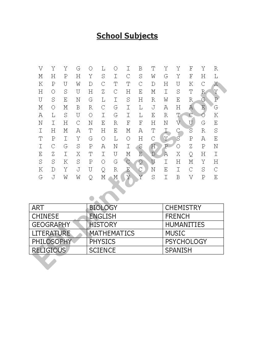 A word search worksheets about school subjects