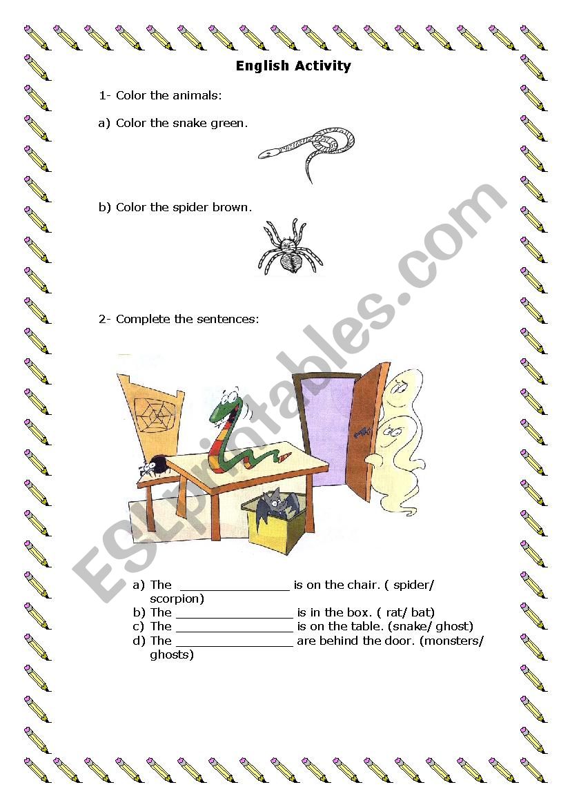 English Review Activity-colors, months,  prepositions of place, numbers