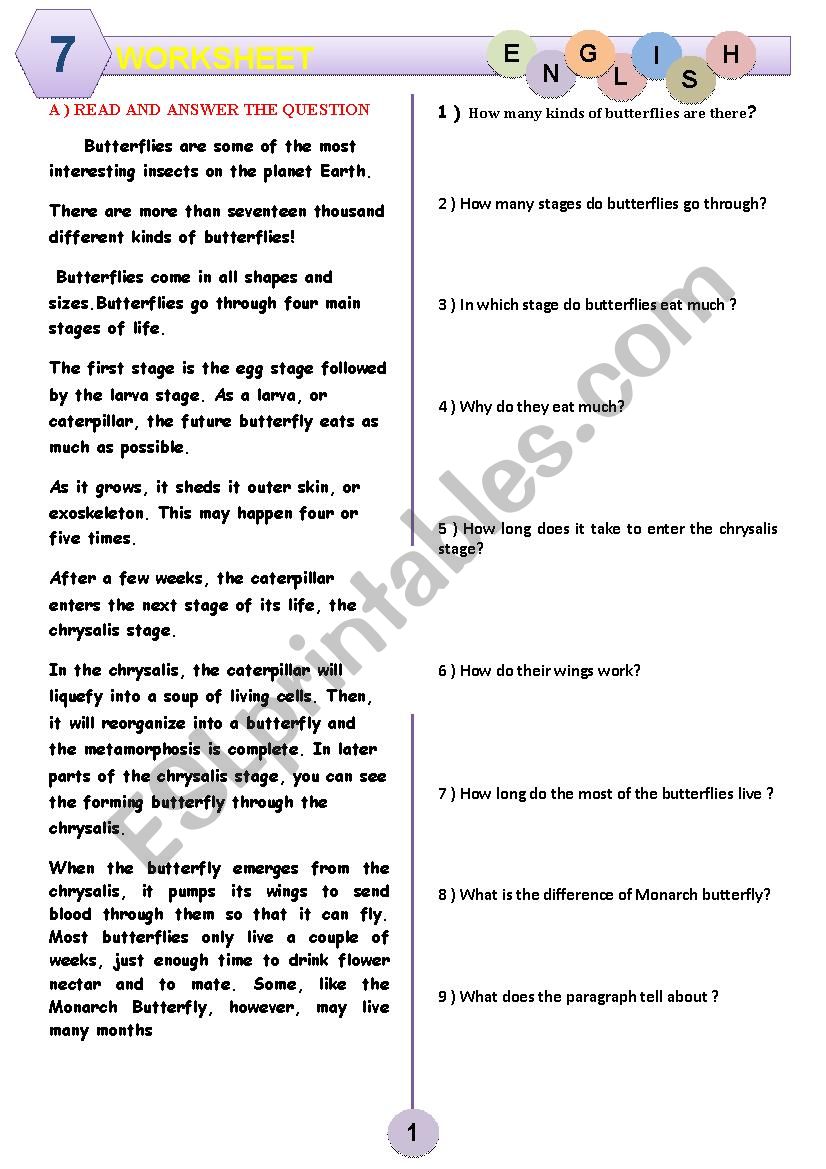 WORKSHEET FOR READING 7 worksheet