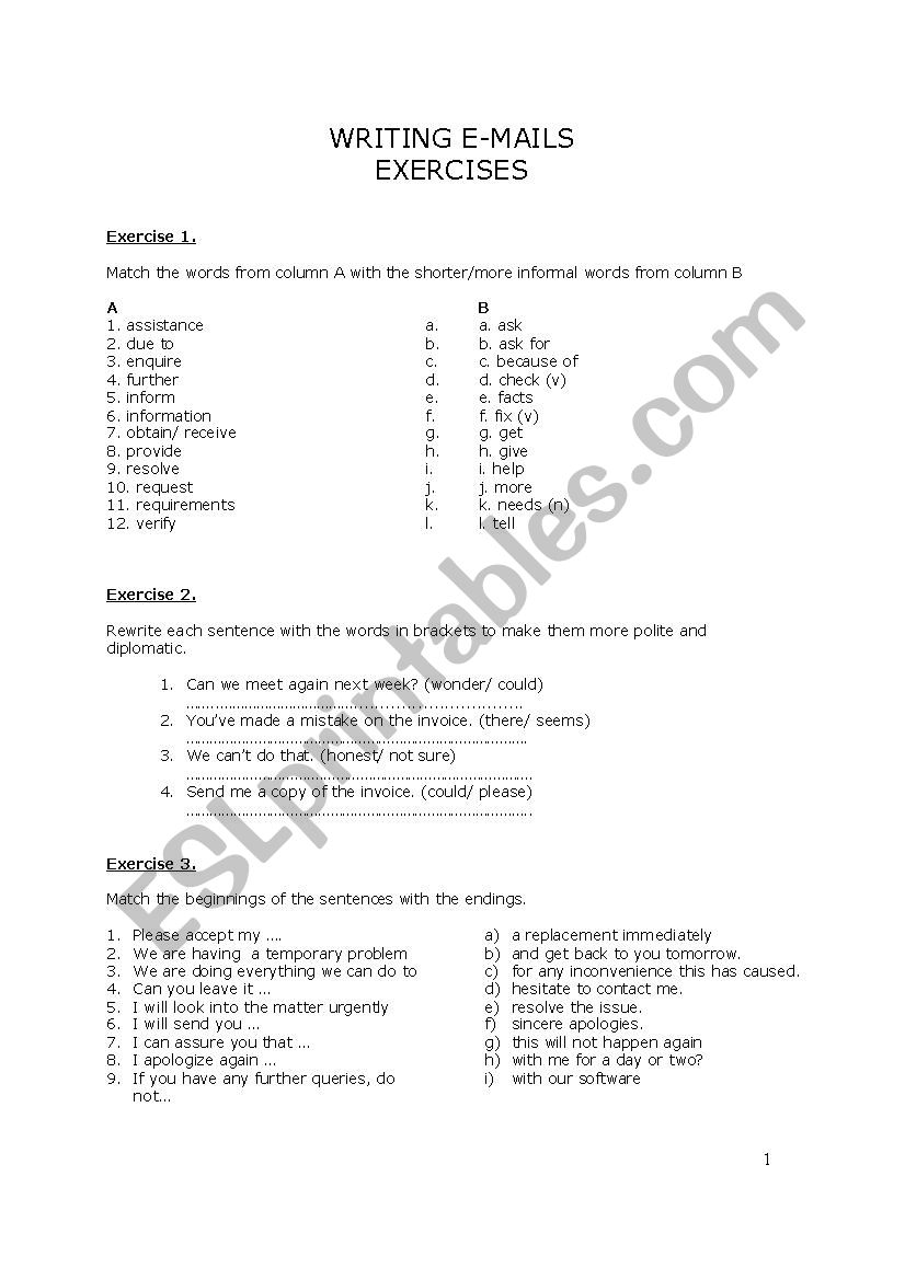 emails exercises worksheet