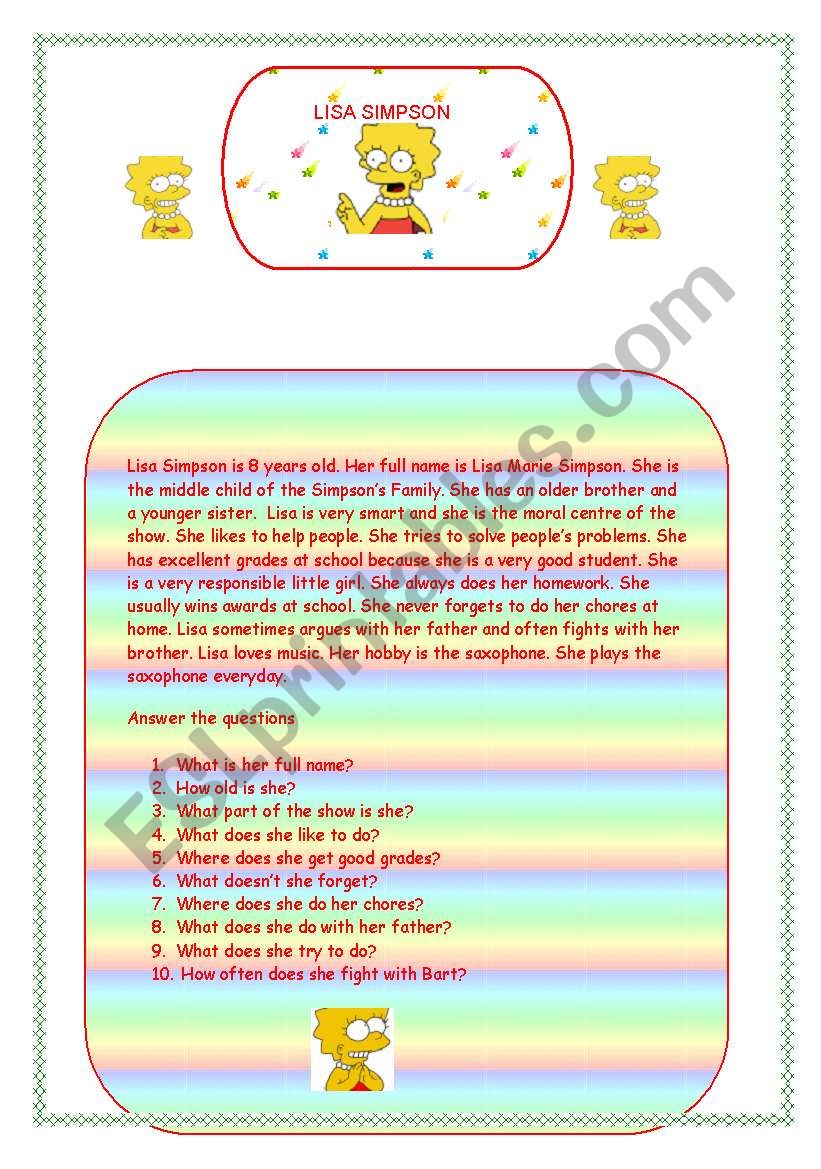 Lisa Simpson Profile worksheet