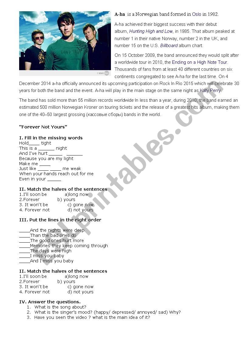A-ha Forever not yours worksheet