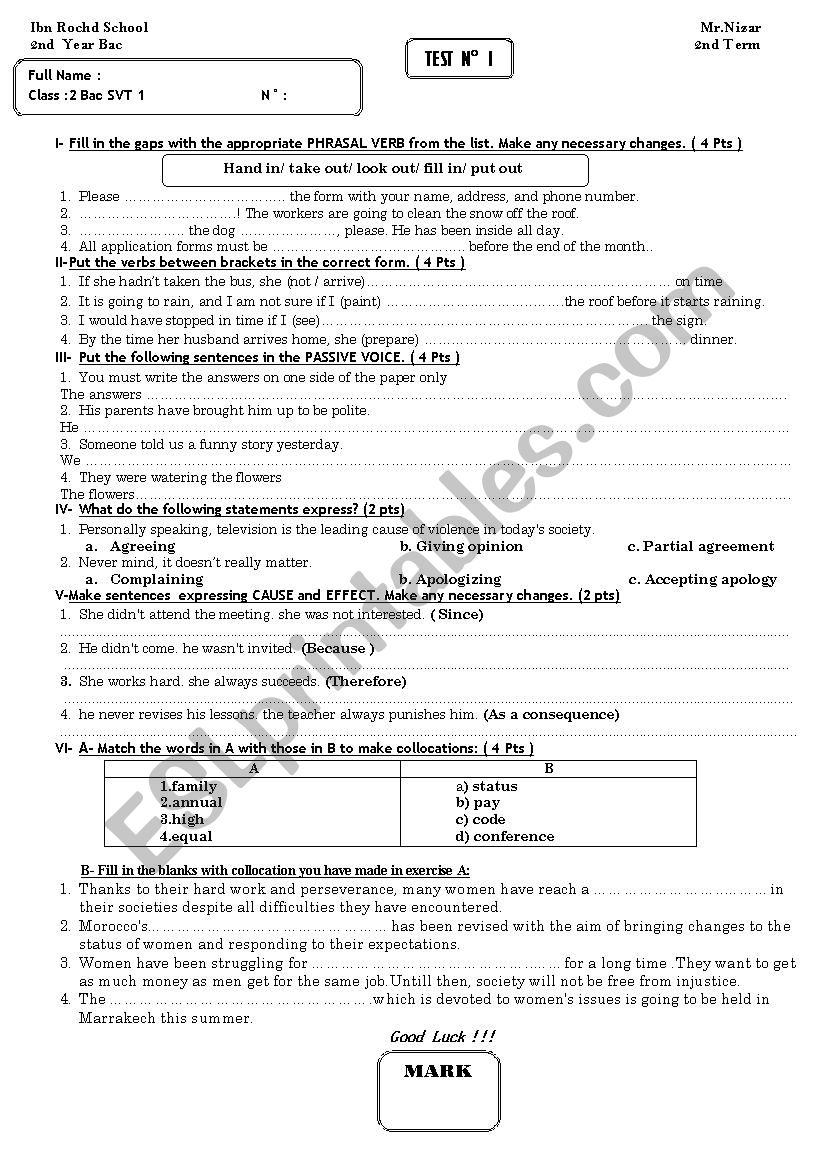 Test Bac 2 worksheet