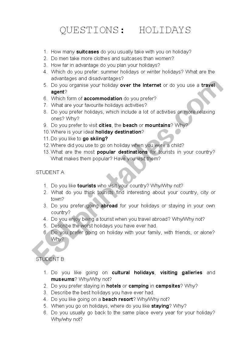 TRINITY 4 QUESTIONS HOLIDAYS worksheet