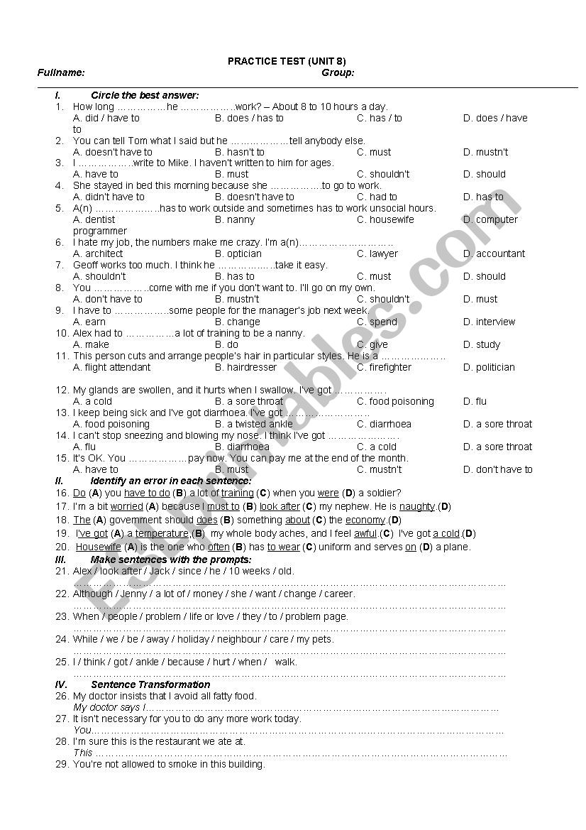 Practice Test. new headway worksheet