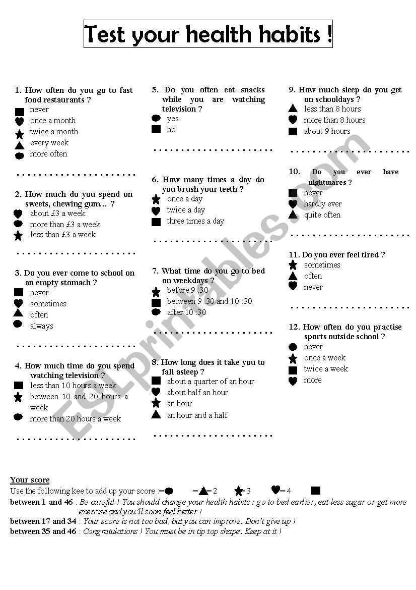 Test your health habits worksheet