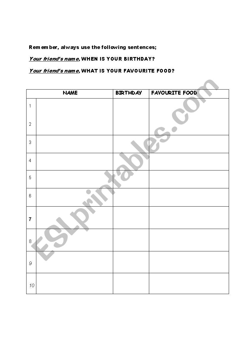 Birthdays and favourite food worksheet