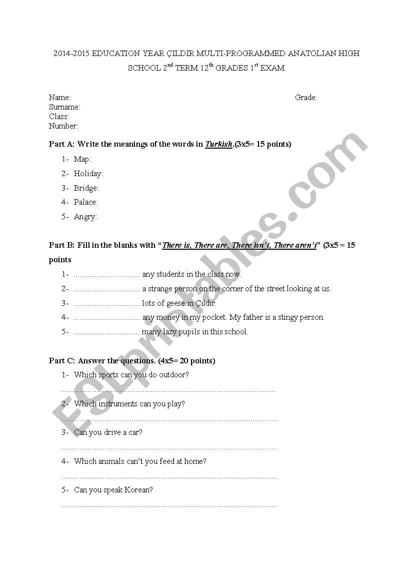 12th grade exam example worksheet