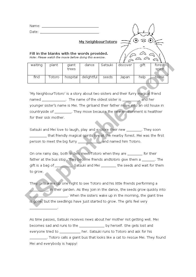 My Neighbour Totoro Essay worksheet