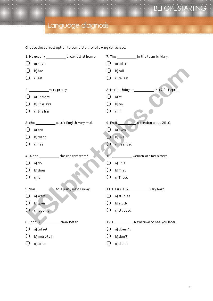 English Language Diagnosis worksheet