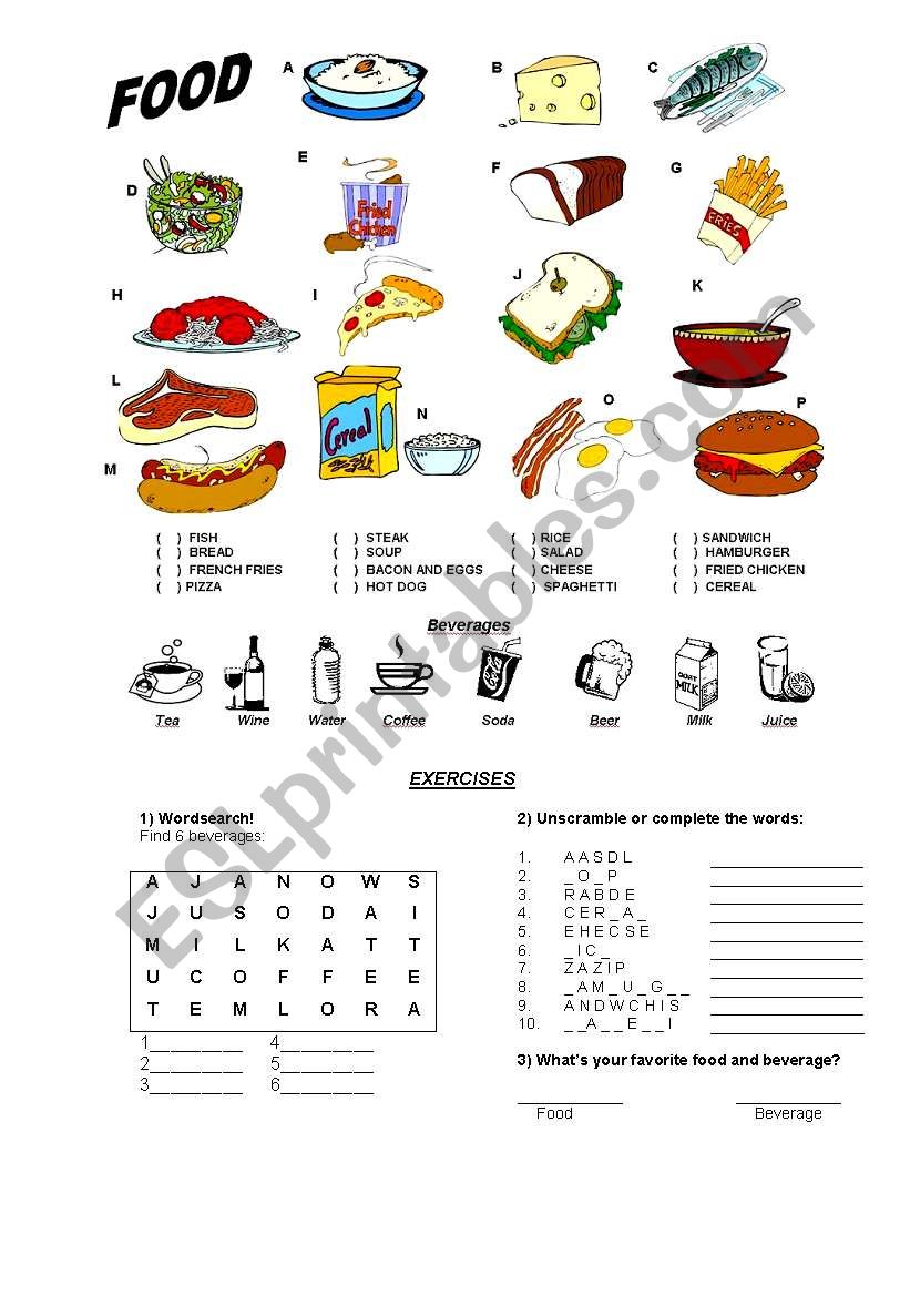 Food and Beverage worksheet