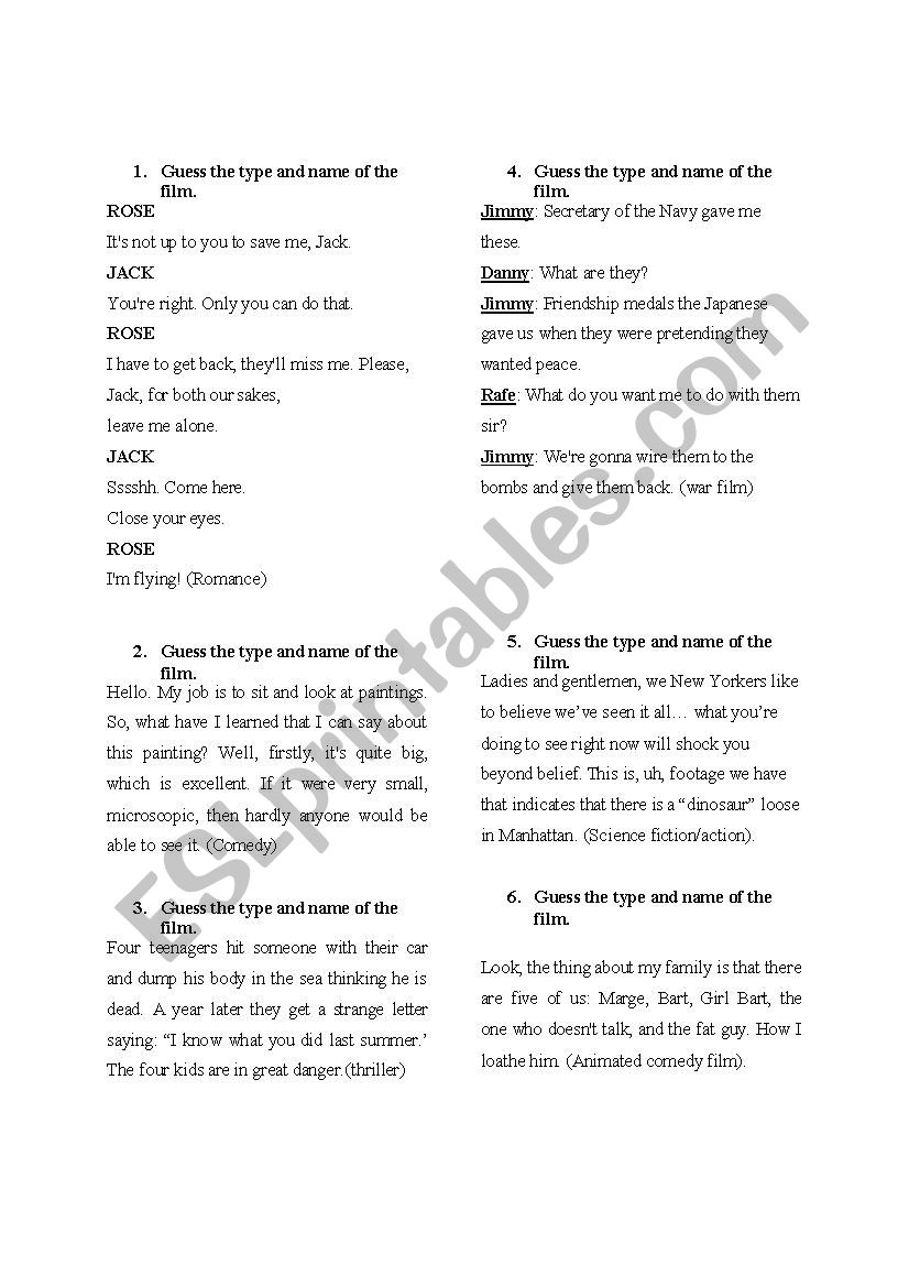 film genres worksheet