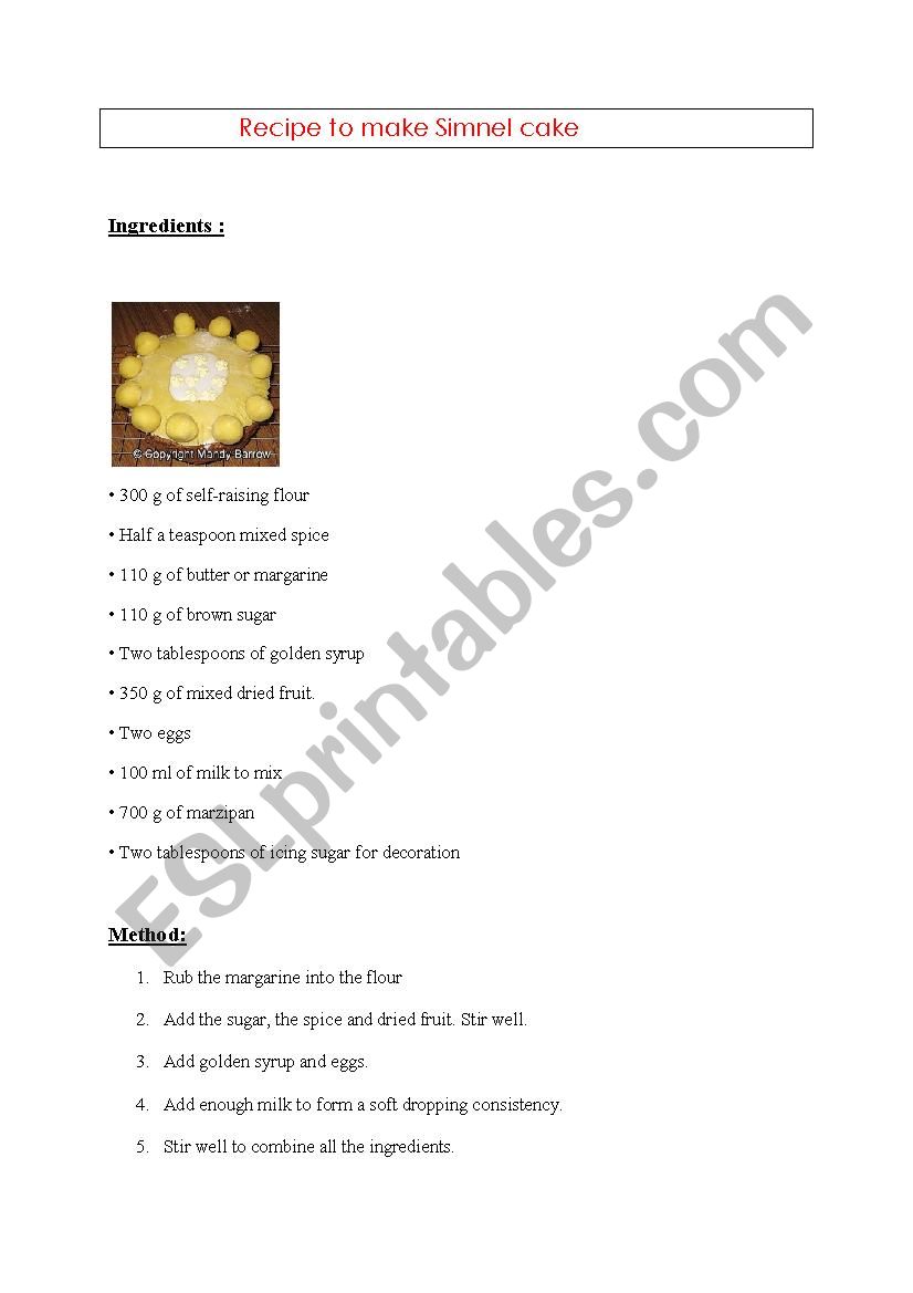 recipe to make a simnel cake worksheet