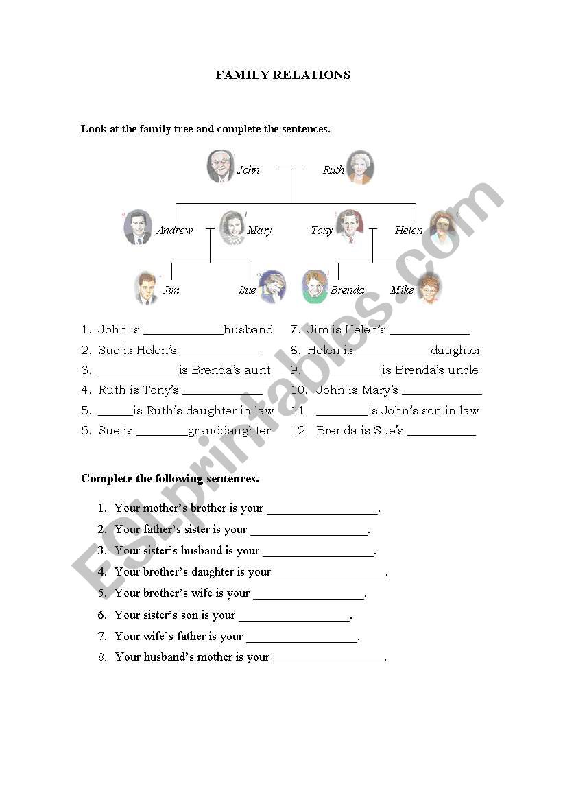 FAMILY RELATIONS WORKSHEET worksheet