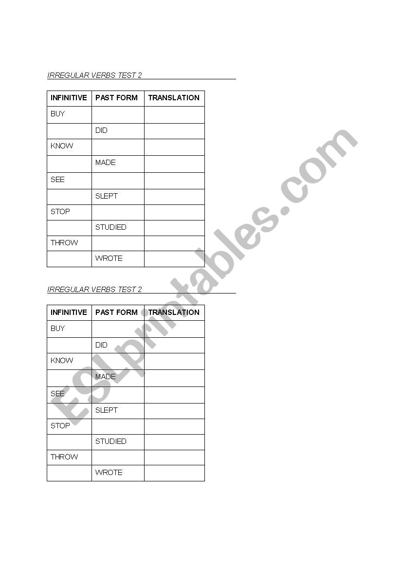 irregular verbs test worksheet