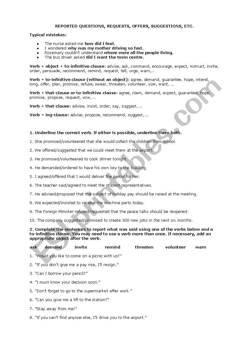 Reported questions worksheet