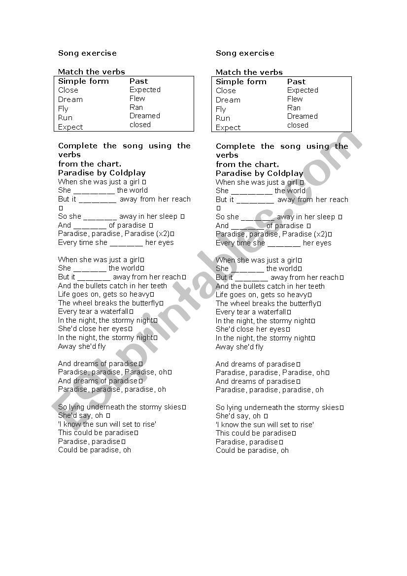 Paradise song worksheet