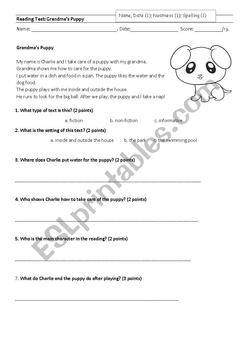 Reading test first or second grade