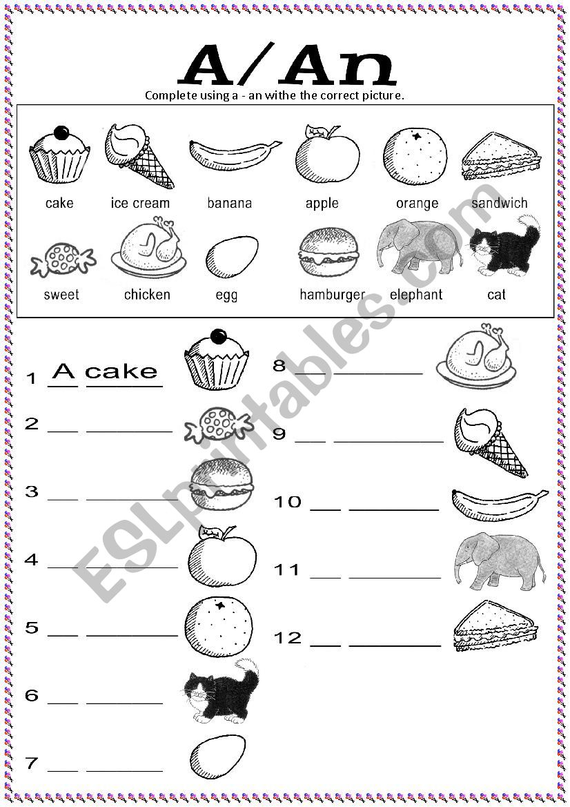 The article a -  an worksheet