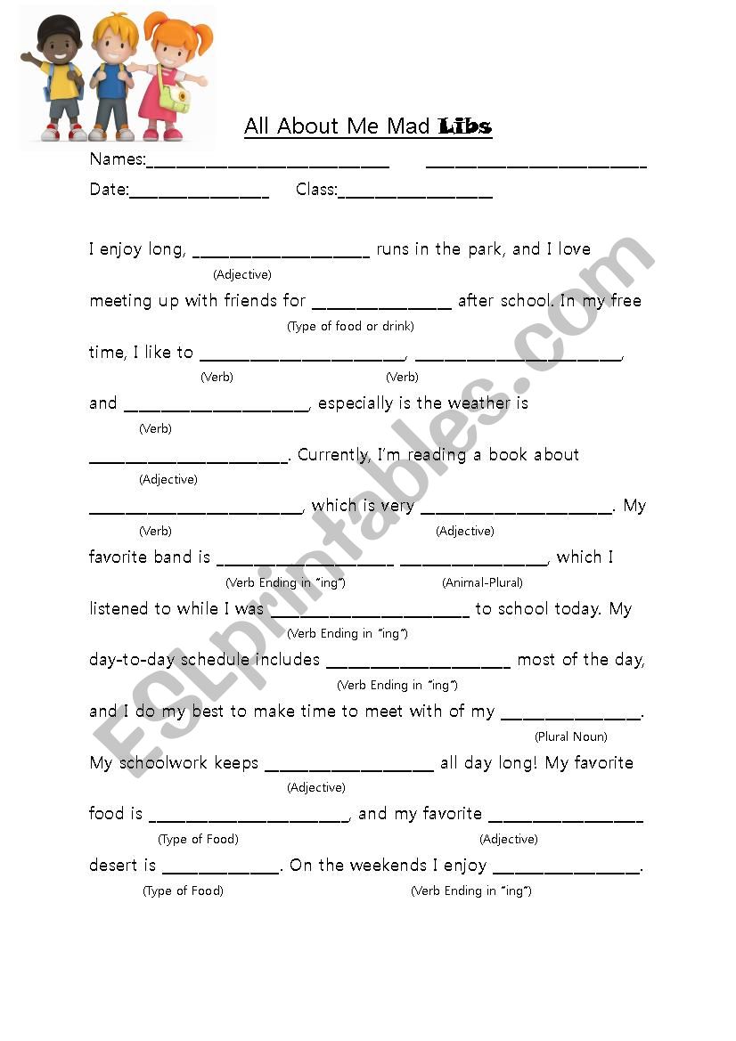 All About Me Mad Libs worksheet