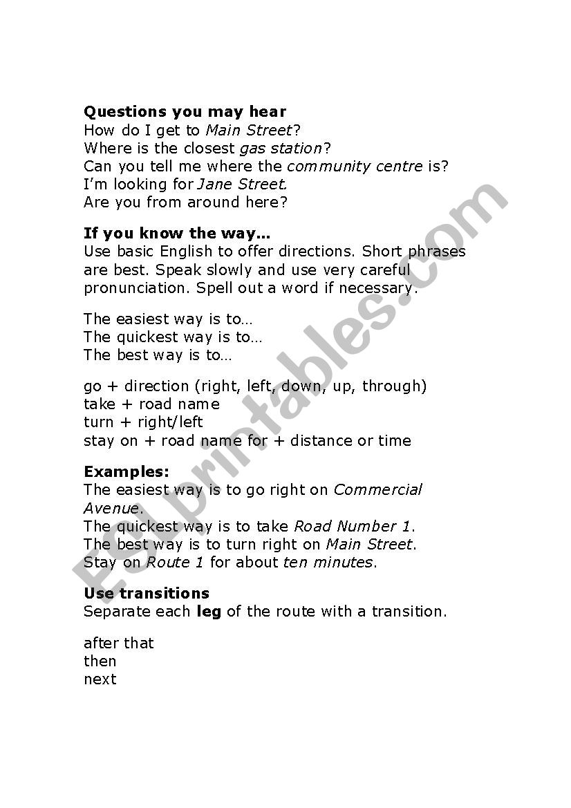 giving directions worksheet