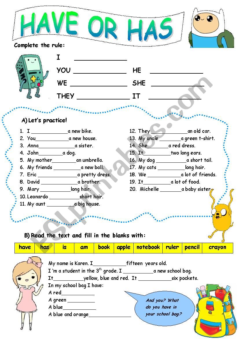 Using HAVE and HAS worksheet