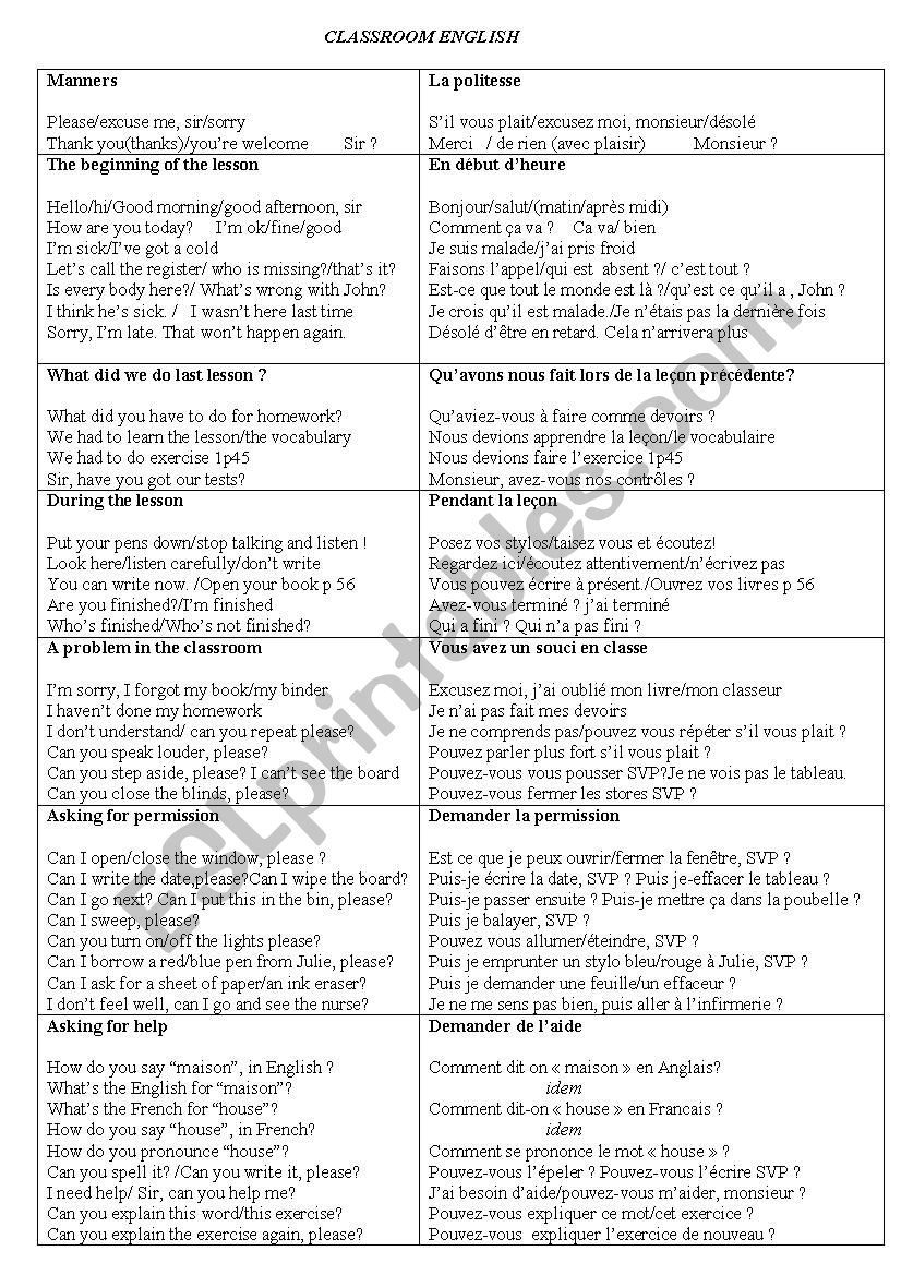 classroom english worksheet