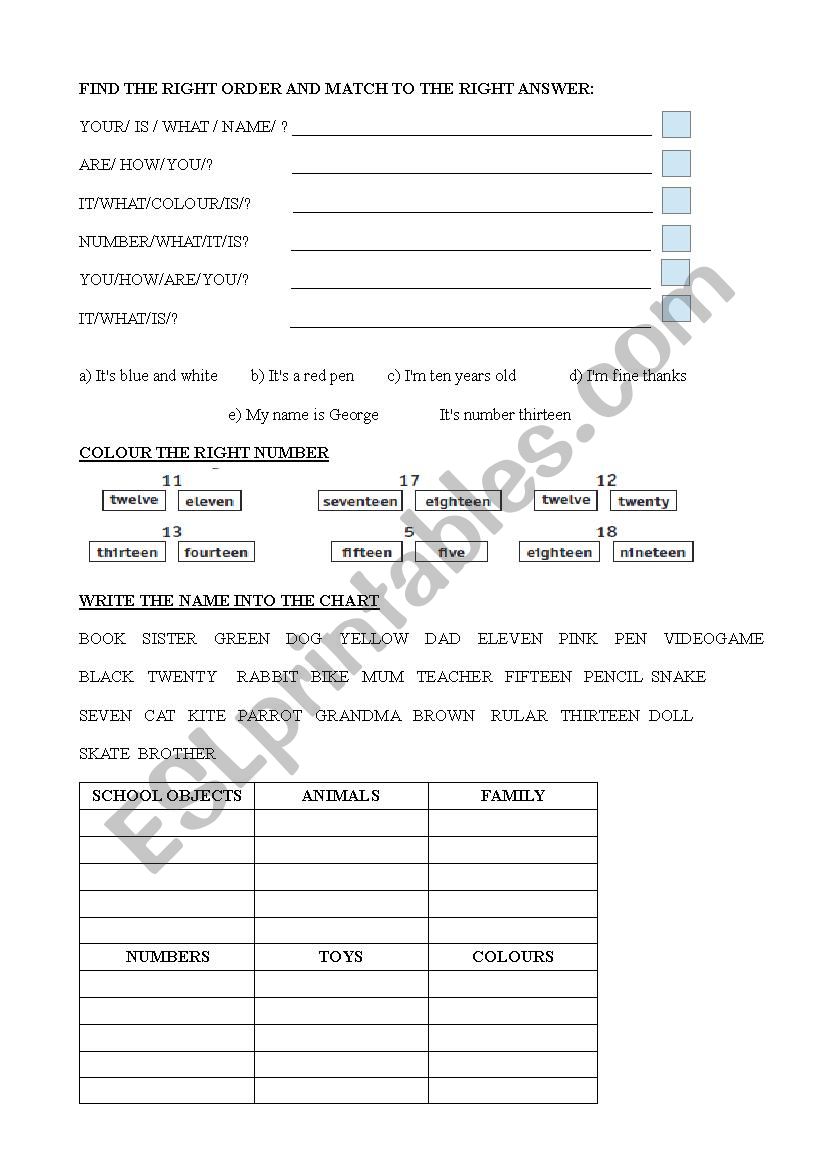 speaking, numbers, words worksheet