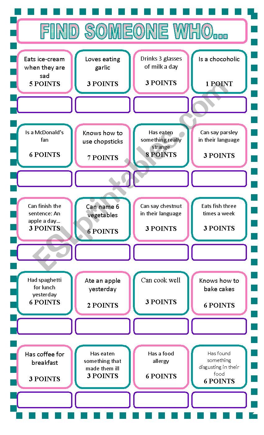 finde someone who about food worksheet