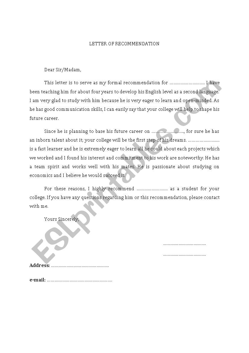 Letter of Recommandation worksheet