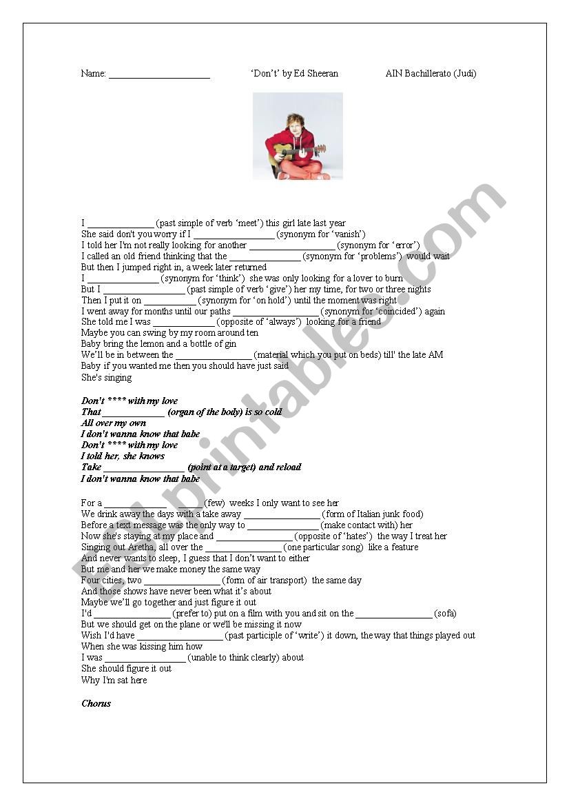 DonÂ´t by Ed Sheeran worksheet