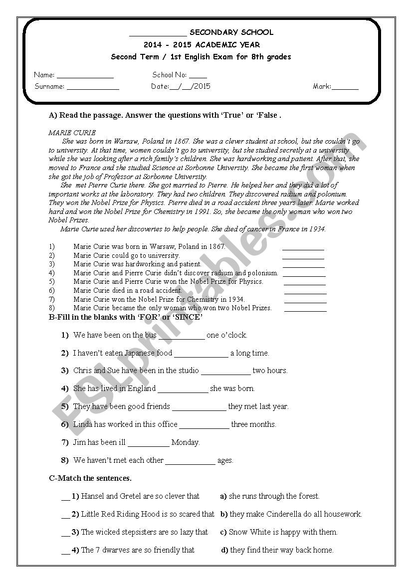 examination for 8th grades ss worksheet