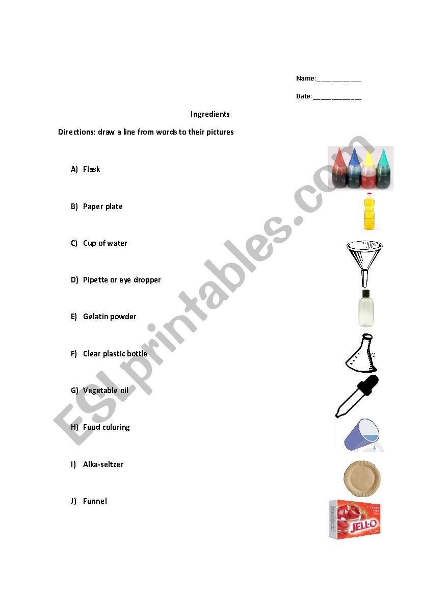 Experiments material worksheet