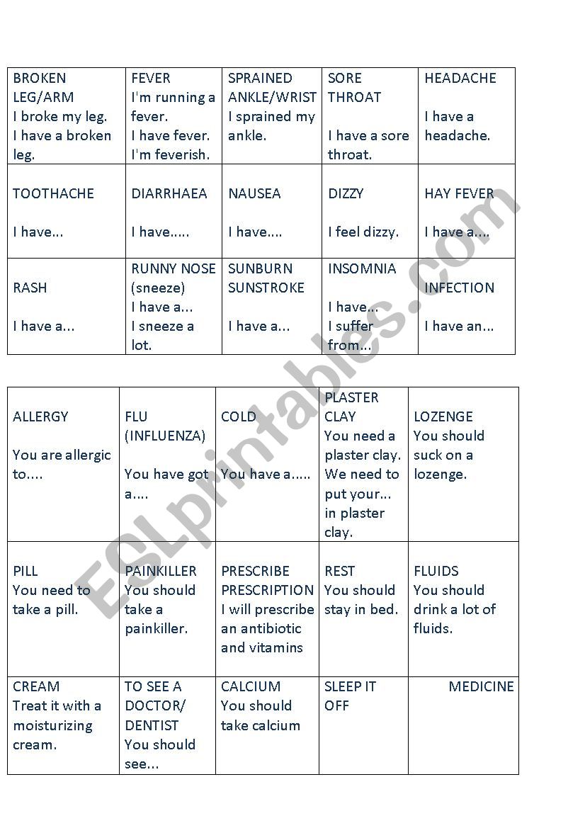 sickness and remedies flash-cards